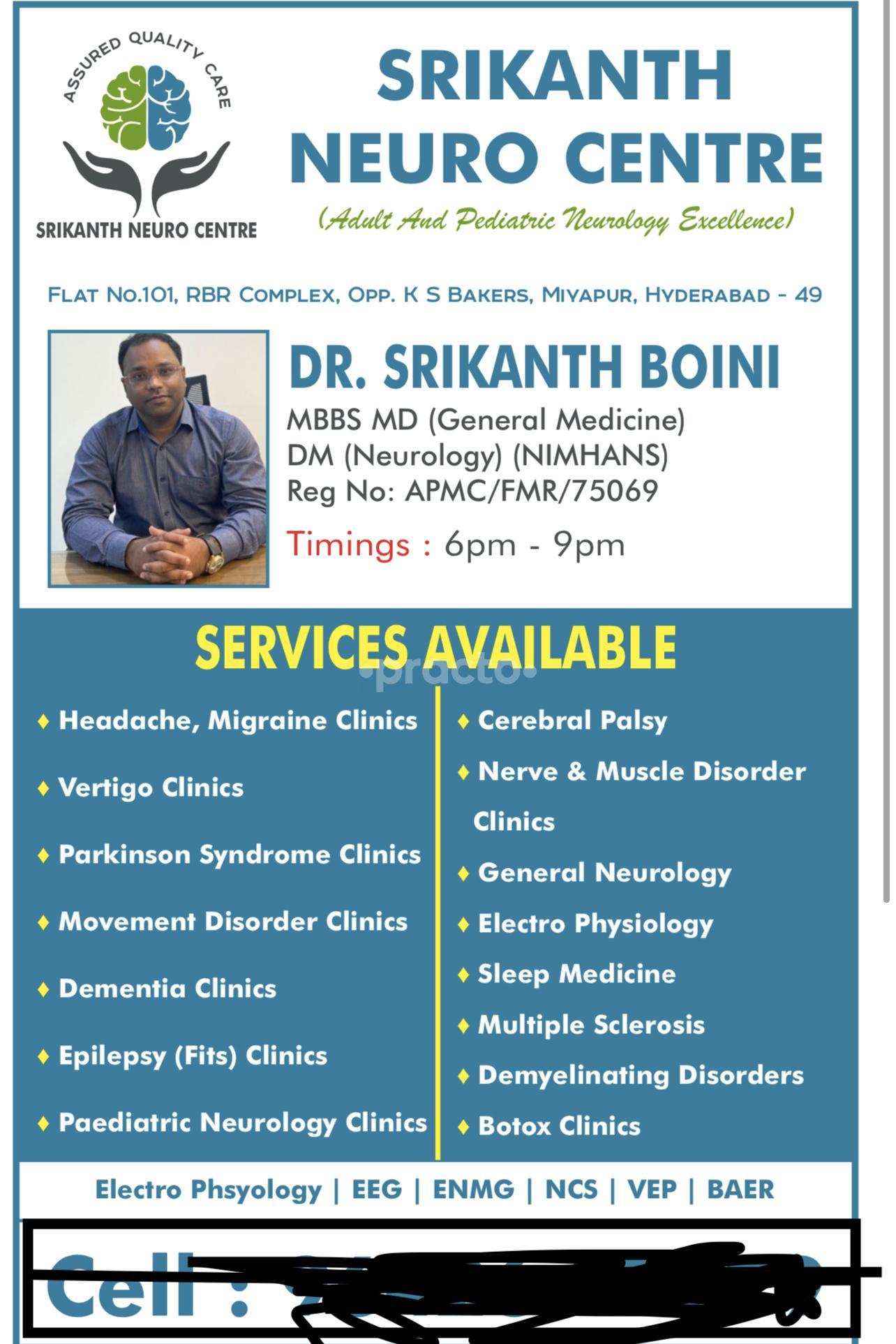 Services Menu Card at Srikanth Neuro Centre Miyapur Hyderabad
