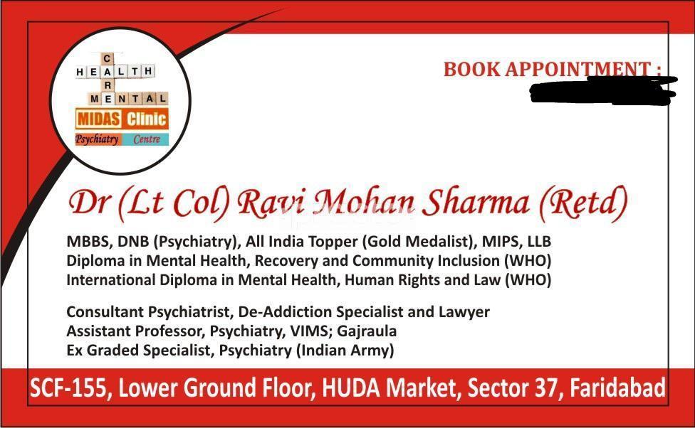 Visiting Card at Dr (Lt Col) Ravi Mohan Sharma - Manosheel Mind Care Centre Sector 37 Faridabad