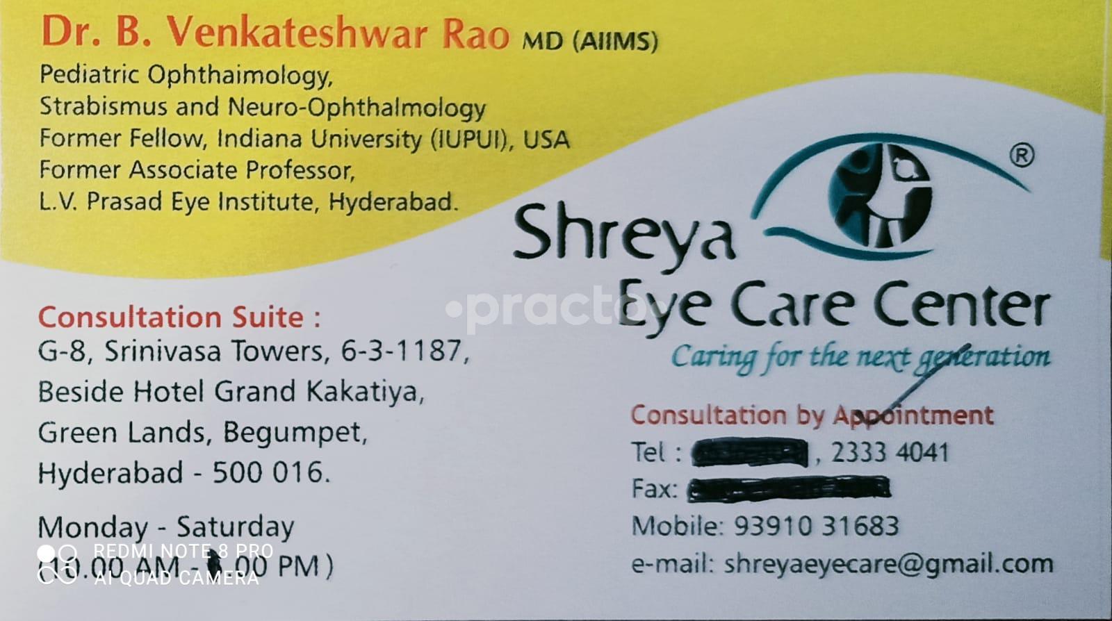 Visiting Card at Shreya Eye Care Center Begumpet Hyderabad